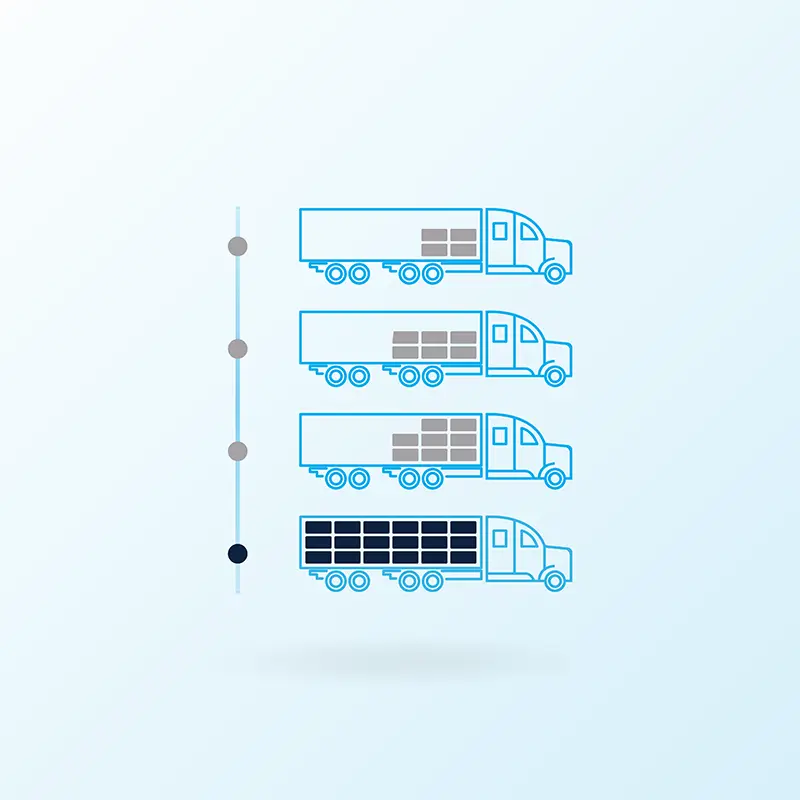 Four trucks are shown in a row, each carrying an increasing number of boxes from top to bottom. A vertical line with four dots aligns with each truck, illustrating the progression in shipping technology.