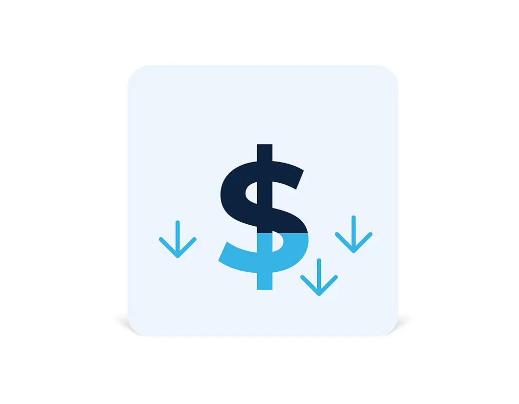 A dollar sign with three blue downward arrows around it, symbolizing a decrease in cost or value, related to shipping technology, on a light blue background.