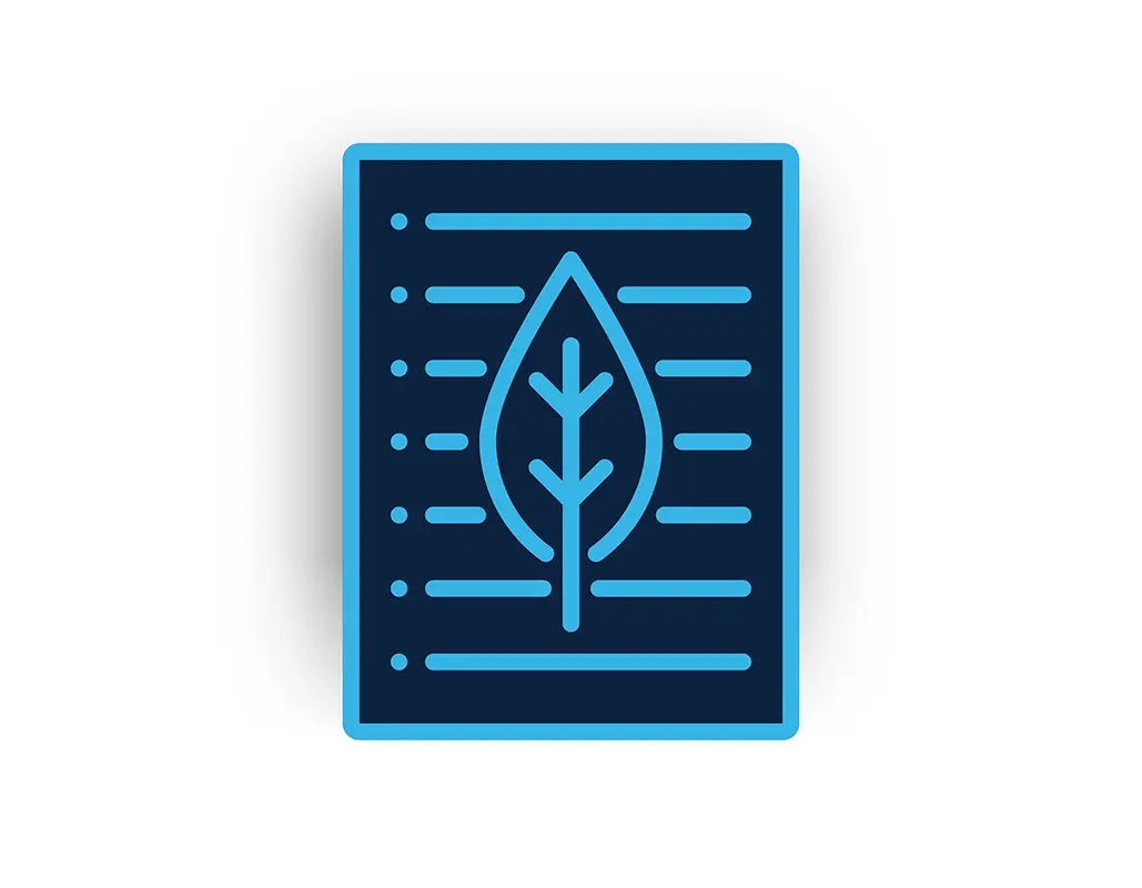 Icon of a dark blue document with lines and bullet points, featuring a simple leaf symbol in the center, outlined in light blue, representing eco-friendly or sustainable shipping technology paper.