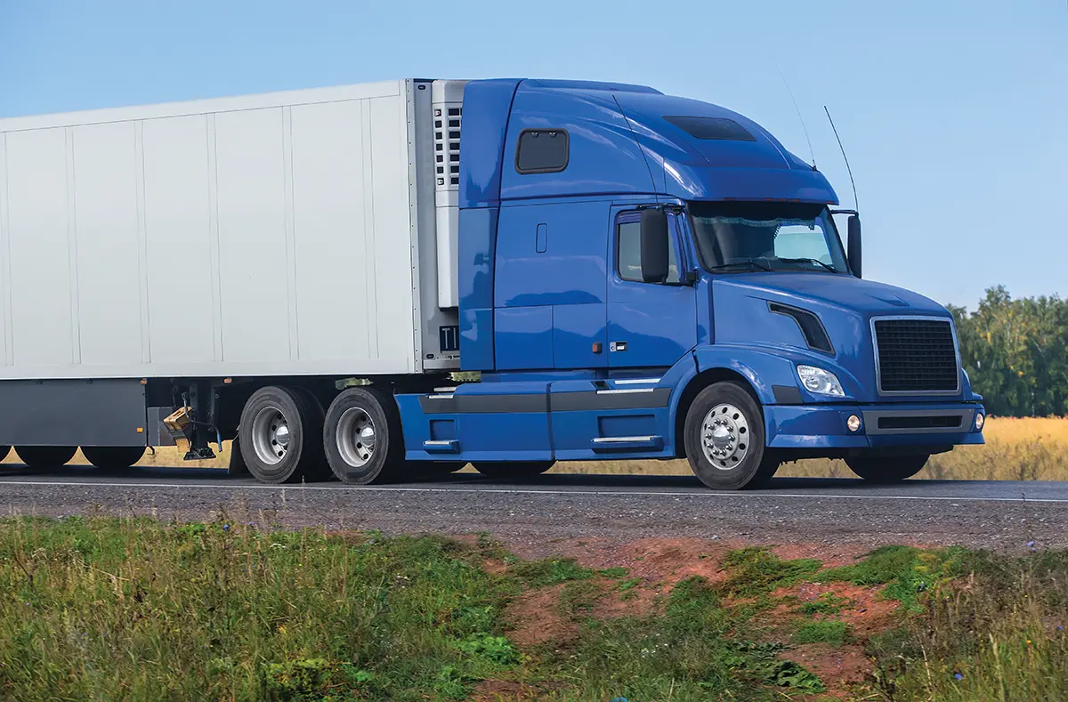 A blue semi-truck with a white trailer, representing essential freight carrier resources, drives on a rural road, with grass and fields in the foreground and a clear blue sky in the background.