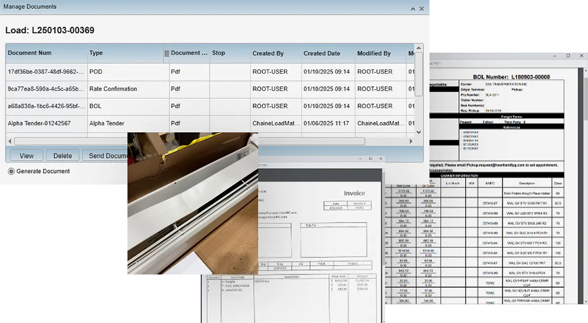 A computer screen displays a Manage Documents window with file details, a photo of a workspace, and invoices or forms partially covering the screen for freight claims management.