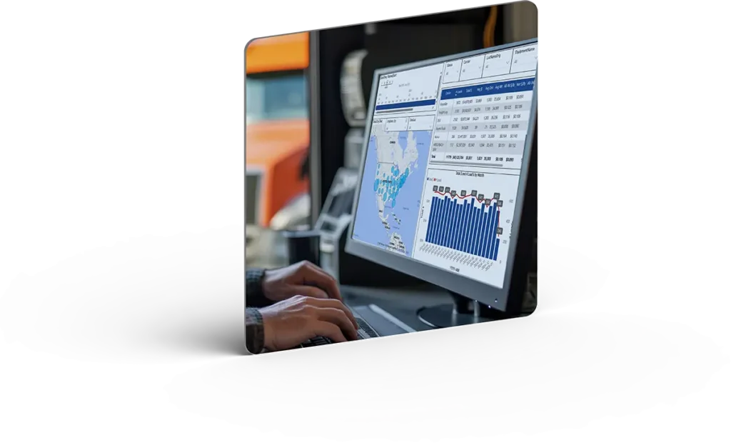 A person types on a keyboard in front of a monitor displaying graphs, charts, and a map, possibly analyzing logistics or business data using advanced shipping technology.