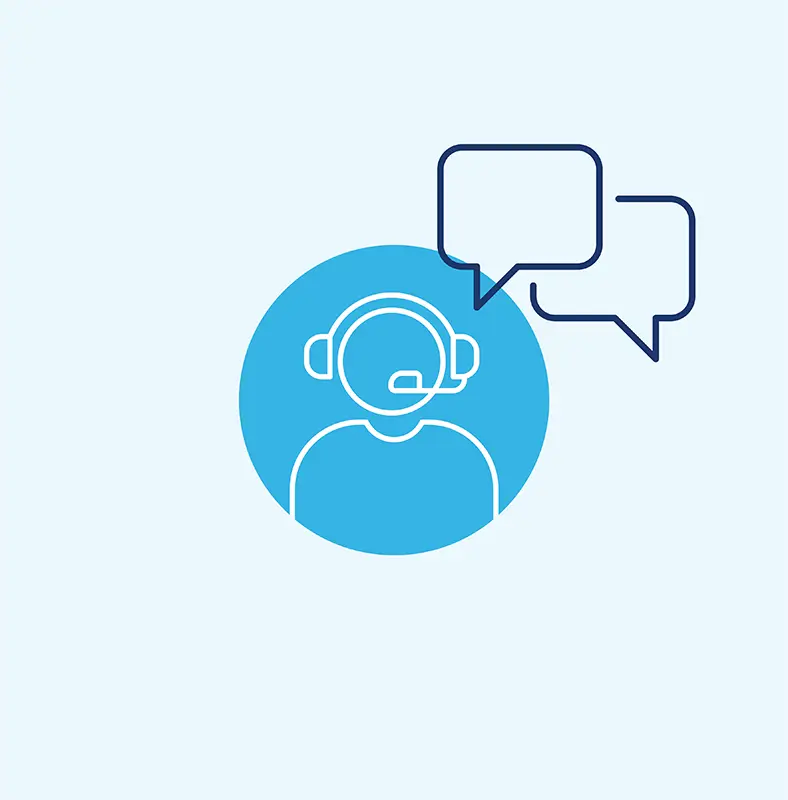 Outline of a person wearing a headset in a blue circle with two overlapping speech bubbles, representing managed transportation or communication services, on a light blue background.