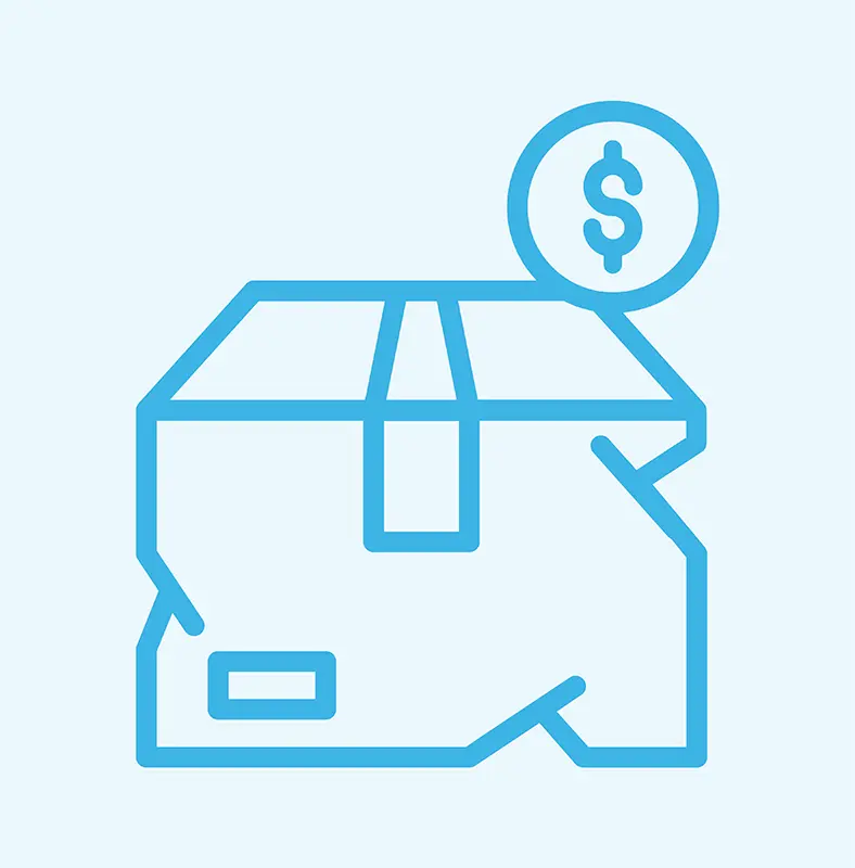 Blue line drawing of a damaged cardboard box with a dollar sign coin above it, highlighting the cost impact of damaged goods in managed transportation.