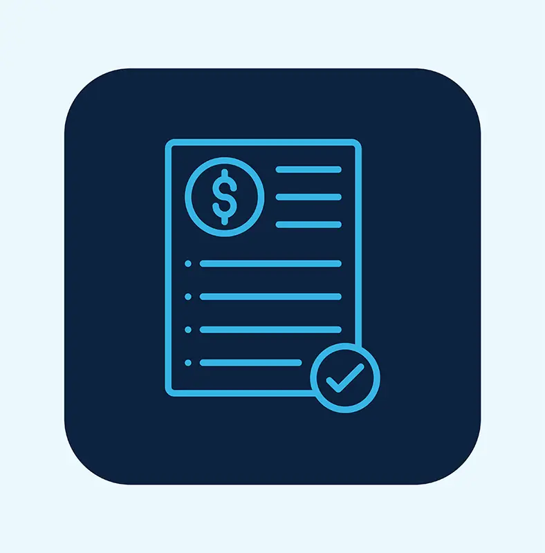 Icon of a document with a dollar sign at the top, lines representing text, and a checkmark in a circle at the bottom right, symbolizing managed transportation on a dark rounded square background.