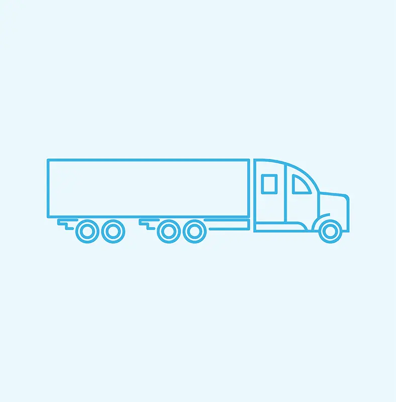 Blue outline drawing of a semi-truck with a trailer on a light blue background. The truck, designed for refrigerated shipping, faces right and has three axles with six wheels visible.