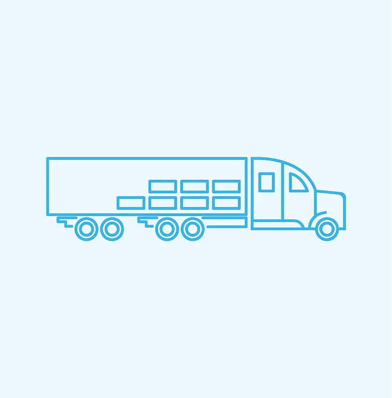 A blue outline of a semi-truck and trailer with rectangular shapes on the trailer’s side, set against a light background, symbolizes refrigerated shipping.