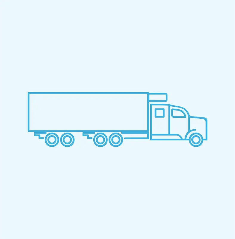 A simple blue outline drawing of a semi-truck used for flatbed shipping, featuring a large rectangular trailer on a light background.