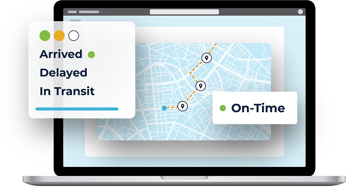 Laptop displaying a digital map with route points. The freight tracking system overlays shipment statuses: Arrived, Delayed, In Transit with colored dots, and On-Time with a green dot.