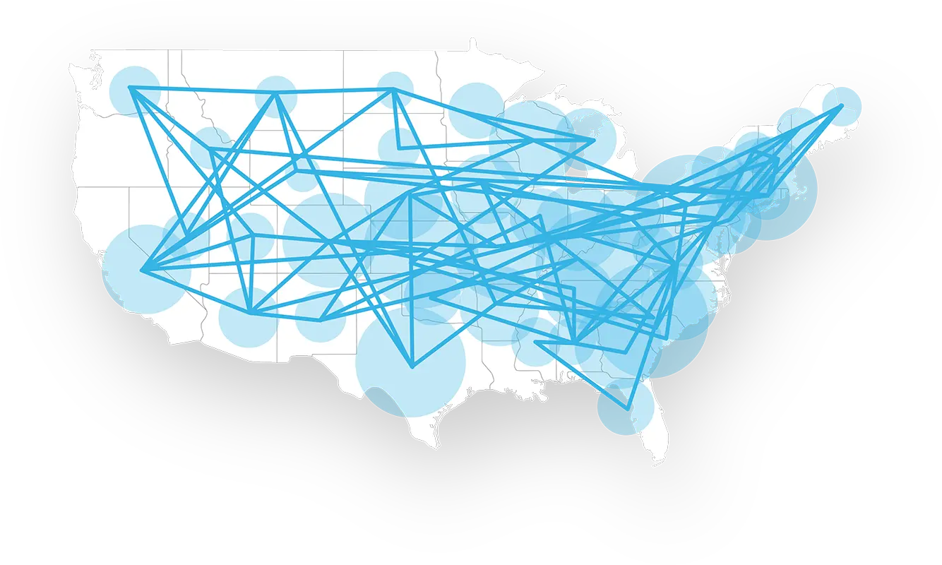A map of the US with large blue circles over cities, connected by intersecting blue lines, illustrating a network that highlights produce shipping experts across the country.