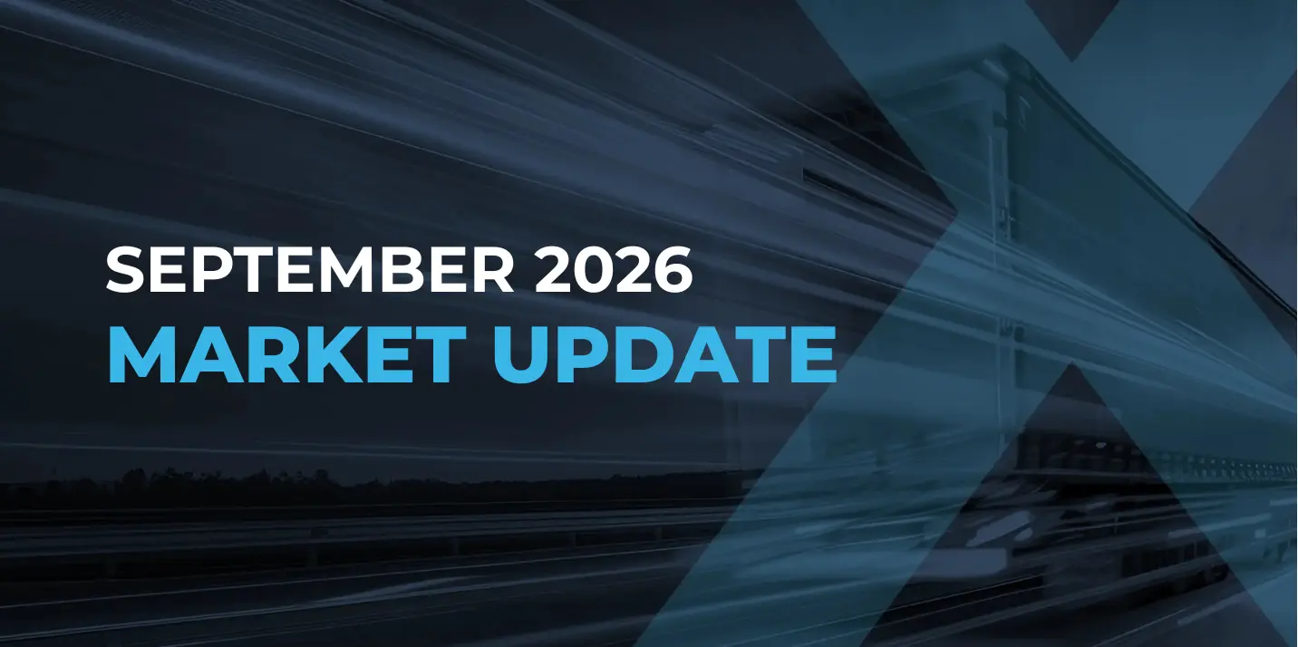 Text reading September 2026 Market Update over a blue-toned background with streaks of light and a faint image of a semi-truck and a large X shape.