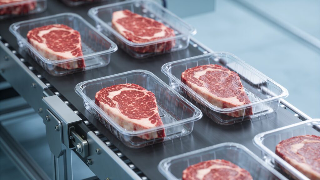 Raw ribeye steaks in plastic trays moving along a factory conveyor belt.