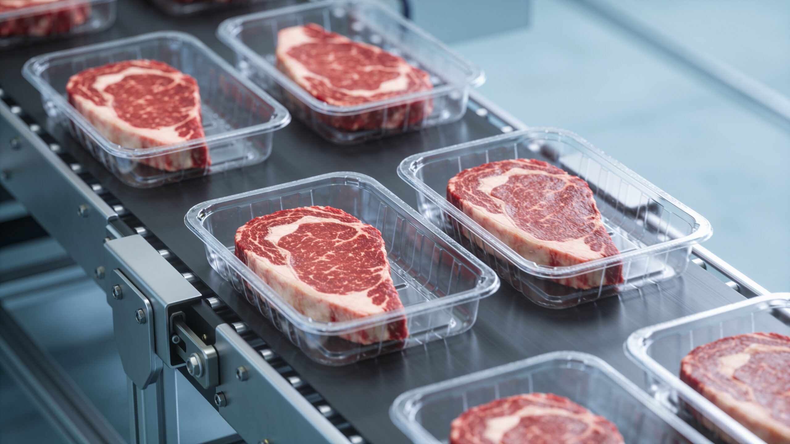 Raw ribeye steaks in plastic trays moving along a factory conveyor belt.