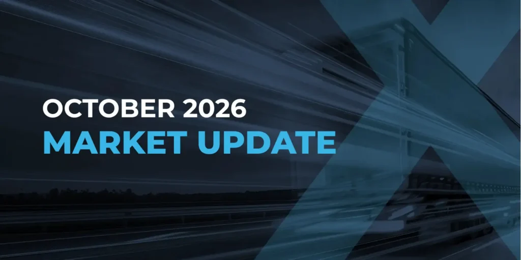 Text reading OCTOBER 2026 MARKET UPDATE over a blue-toned background showing a motion-blurred highway scene.