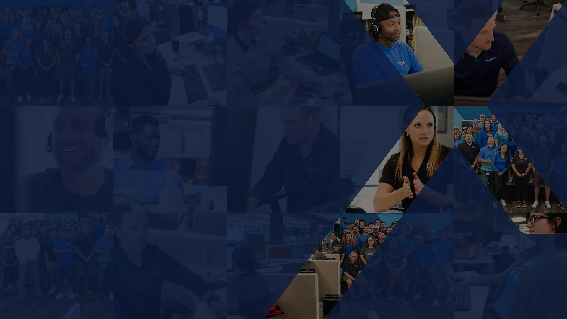 A collage of diverse office professionals and large team photos overlaid with a semi-transparent blue geometric pattern. One woman with a light skin tone is featured in a clear triangular segment, gesturing while speaking.
