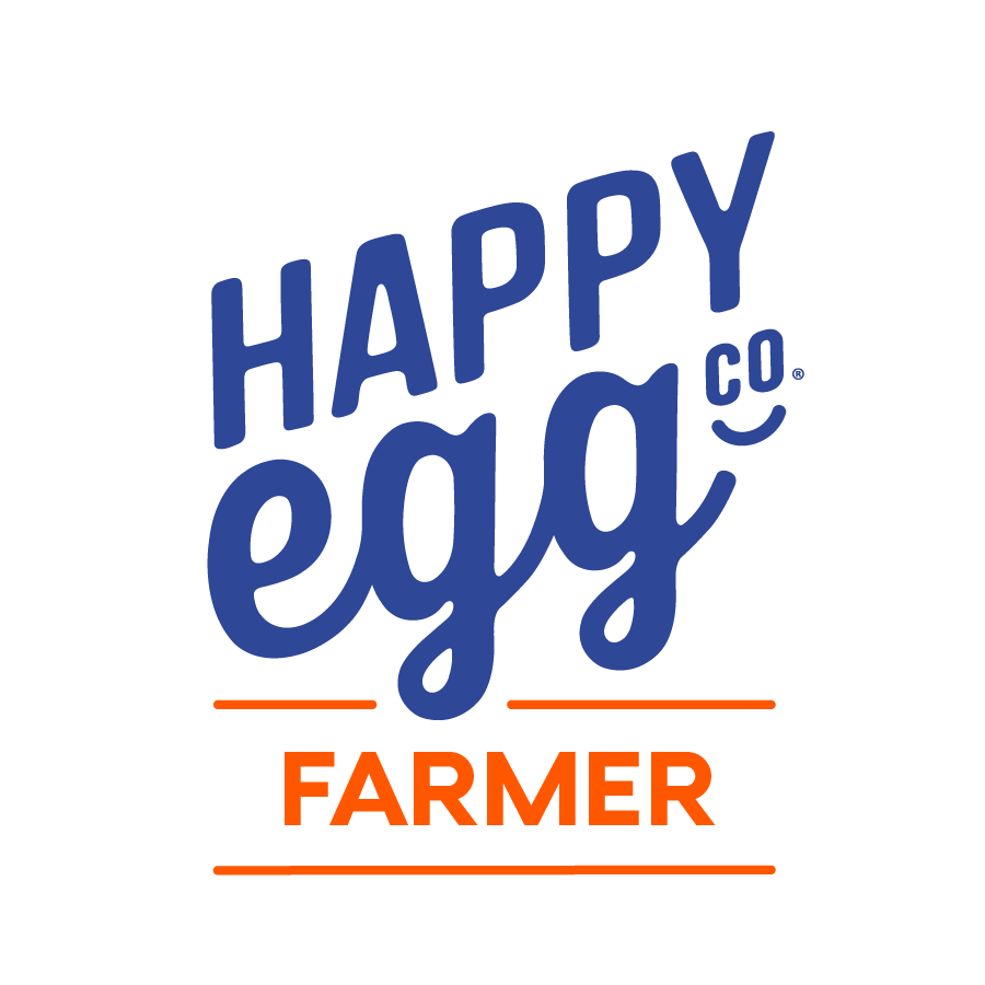 The Happy Egg Co. Farmer logo featuring "HAPPY egg co." in blue text above the word "FARMER" in orange block letters between two lines.