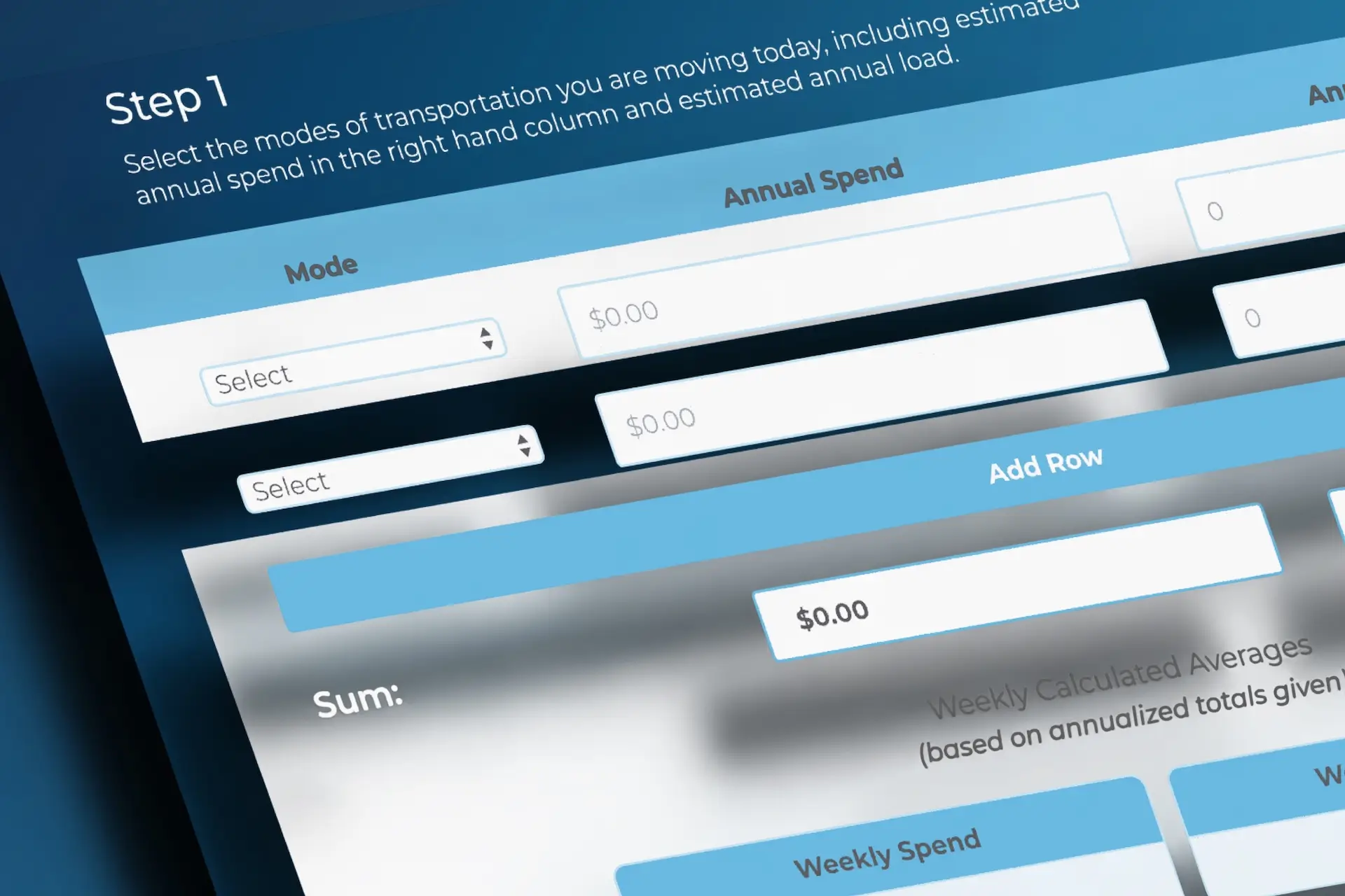A digital savings calculator interface labeled "Step 1" for selecting transportation modes and entering estimated annual spend and load data.